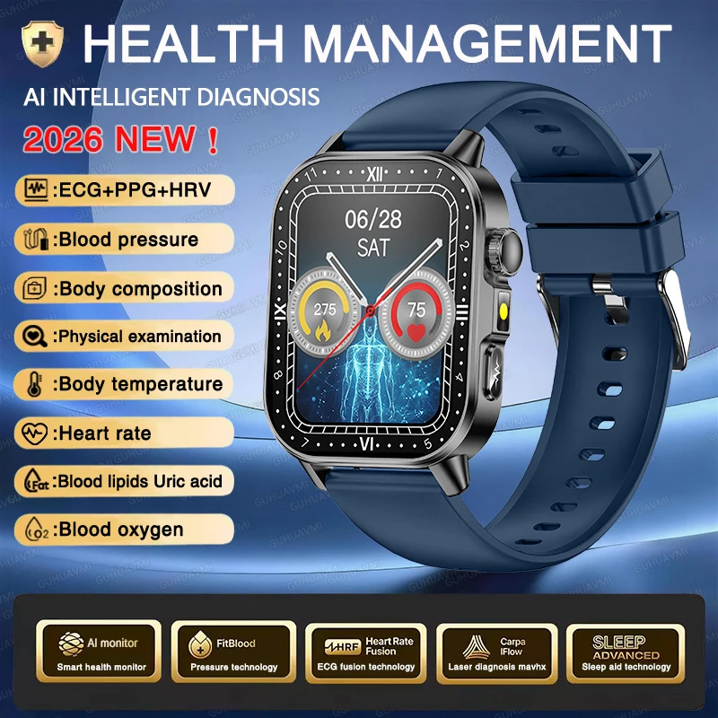 2026 Nieuwe Nauwkeurige Meting Gezondheid Smartwatch ECG+PPG Bloeddruk Bloedlipiden Urinezuur BT Oproep Smartwatch Voor Mannen Vrouwen