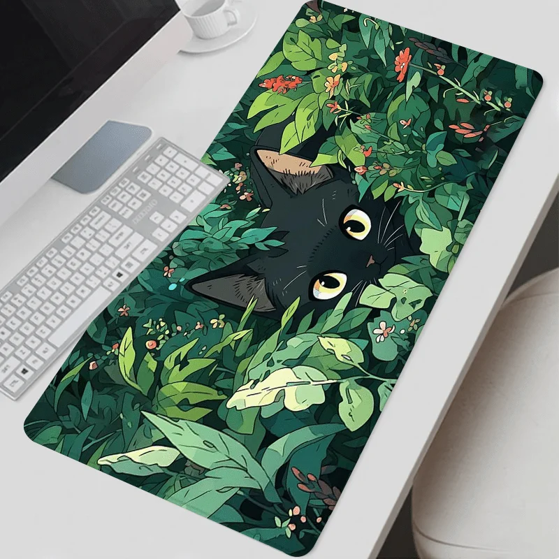 

Большой игровой коврик для мыши Magic Forest Black Cat, игровые аксессуары, прошитые края, зеленые растительные узоры, подходит для офиса и дома