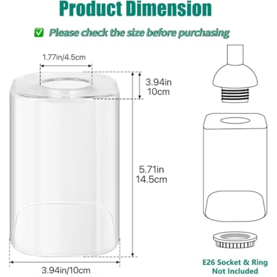 Clear Glass Lampshade Replacement, High Transmittance Square Glass Cover, 5.71in Height, 3.94in Diameter, 1.77in Fitter Lamp Sh