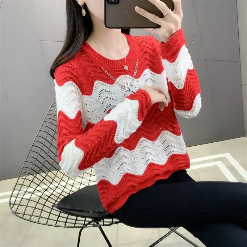 2024 Spring and Autumn New Style Outdoor Striped Sweater Loose Round Neck Knitted Top