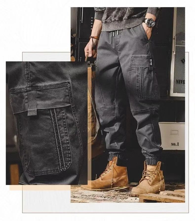 657 Pantaloni da lavoro con tasche multiple e leggings, pantaloni casual da esterno larghi a gamba dritta elastica da uomo a gamba piccola