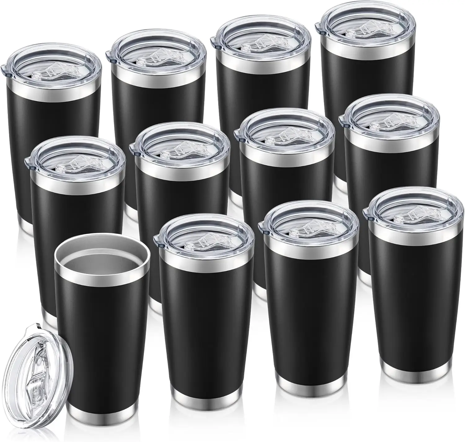 

12-Pack 20oz Stainless Steel Tumblers with Lids, Double Wall Vacuum Insulated, Powder Coated, Black, for Hot & Cold Drinks