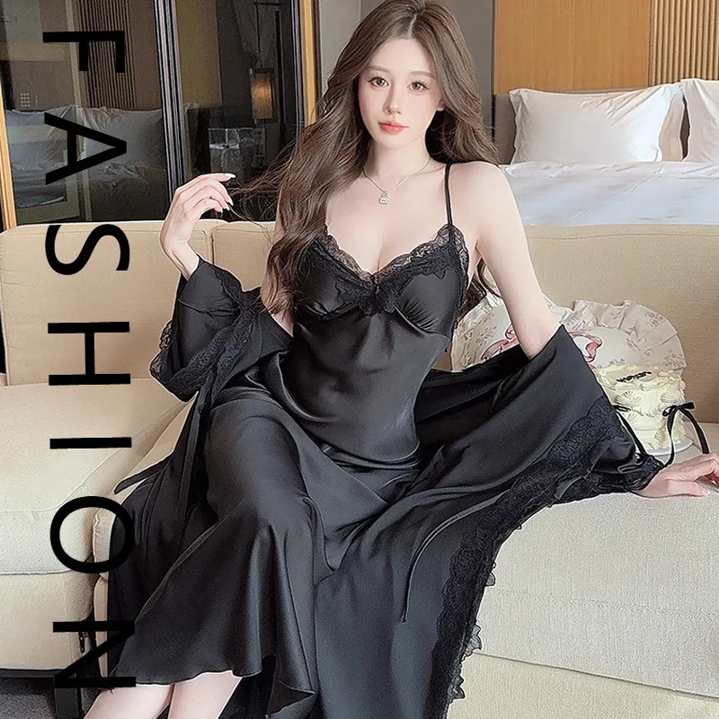 

Пижамы на подтяжках из ледяного шелка, женские весенне-осенние сексуальные длинные платья, комплект халатов на весну и лето, длинная красивая спина с грудью p