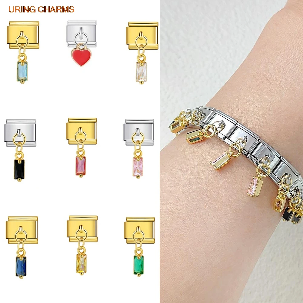 URING Y2k Fashion Colour Square Crystal Pendant Italian Charm Link fit 9mm Stainless Steel Bracelet Making DIY Jewelry Gift
