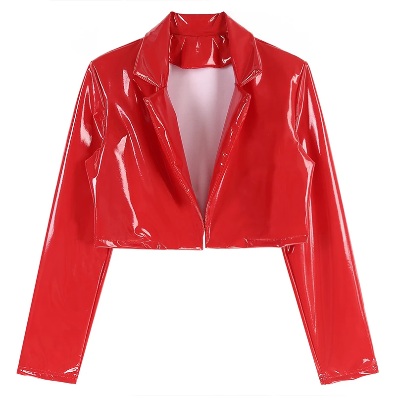 Women Glossy Patent Leather Lapel Cropped Coat Long Sleeve Jackets Lady Wet Look Clubwear Short Coat Cosplay Party Costume
