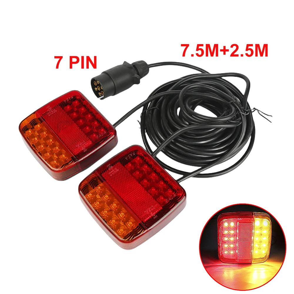 

1 Set 12V 24V 26 LED 7 Pin Rear Towing Tail Light 7.5m+2.5m Brake Stop Lamp License Number Plate Reflector Caravan Camper Boat