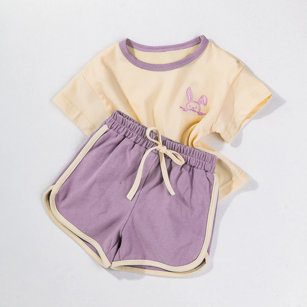 2pcs Baby Girls Set Cute Summer New Rabbit Embroidery T-shirt Solid Color Elastic Waistband Shorts Set 0-4Y Toddler Girl Outfits