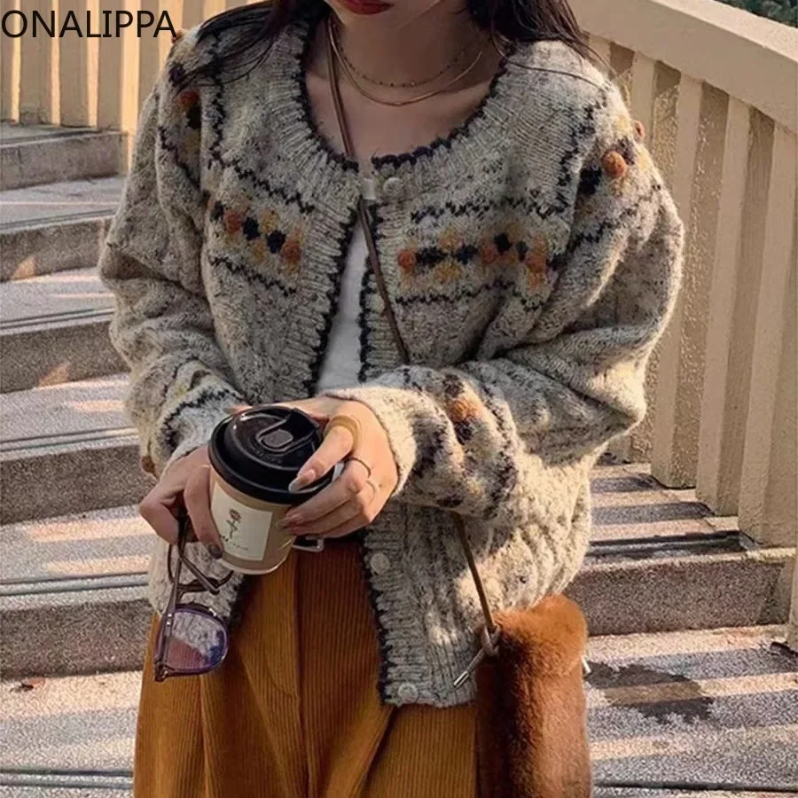 Onalippa Contrast Vintage Pattern Knitted Cardigan Slouchy Style Embroidery Casual Cardigans Korean Single Breasted Sweaters