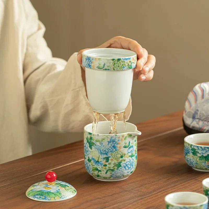 Luxury Designer Flowers Ceremony Jingdezhen Flower Enamel Travel Tea Set Portable Ceramic Quick Cup National Trend Outdoor Gift