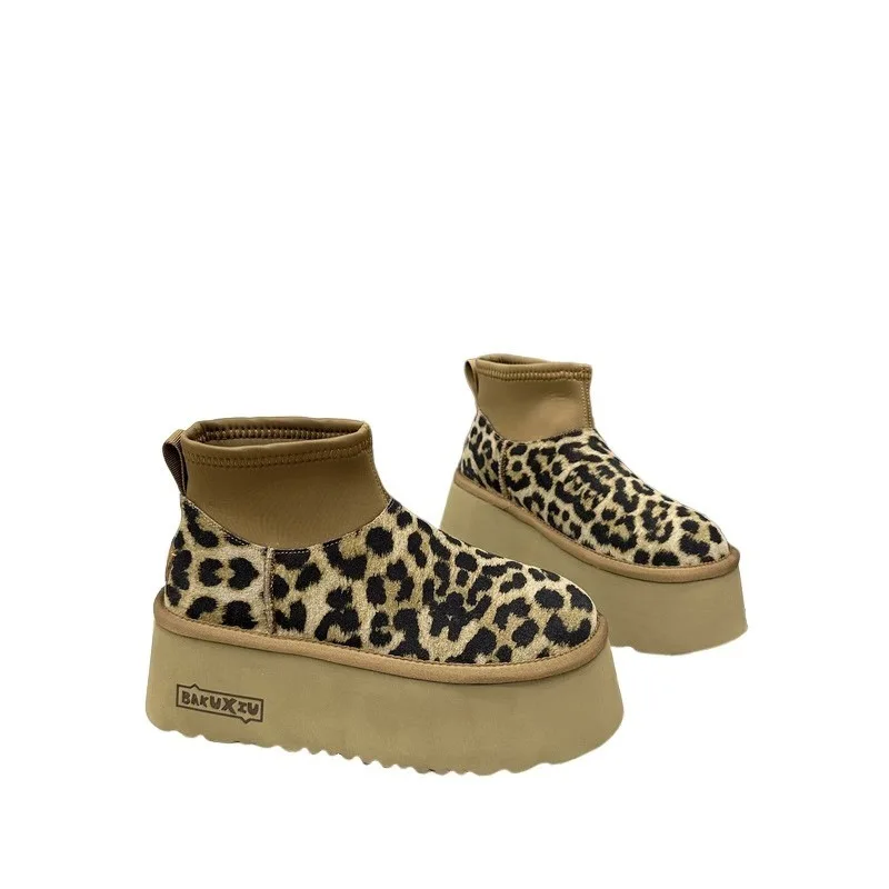 Leopard Frauen Pelz Plattform Schnee Stiefeletten Winter Wildleder Warme Schuhe Frauen Marke 2024 Trend Plüsch Wohnungen Baumwolle Casual Botas Mujer