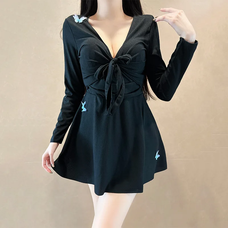 sexy oversize butterfly black conservative swimsuit two pieces black mini dress culottes bikini witt long sleeve tie cover smock