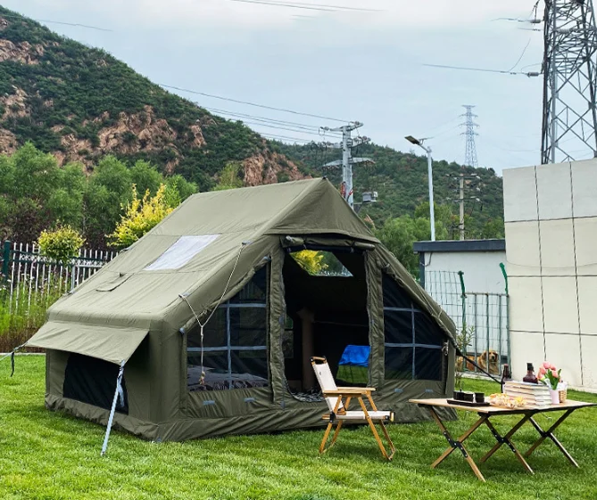 Waterproof Windproof 4 Seasons Oxford Cabin Tent with Mesh Chimney Window Inflatable Camping Air Tent with Hand Pump Easy Setup