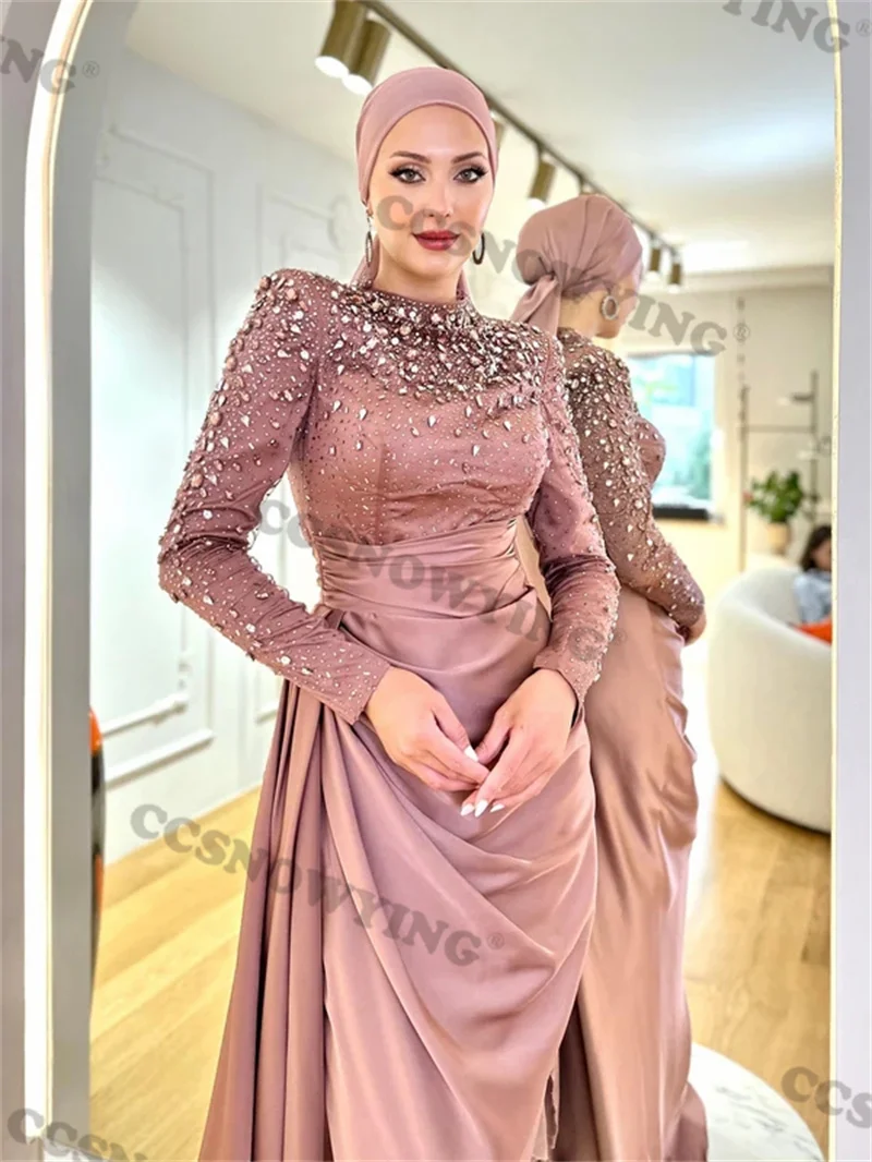 Appliques Beaded Muslim Evening Dresses Satin Long Sleeve Hijab Prom Formal Party Gown Arabic Dubai Women A Line Robes De Soirée