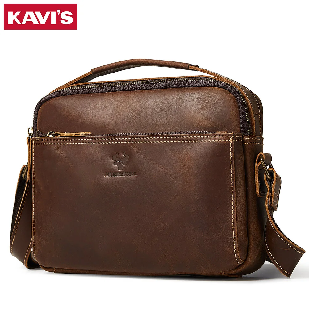 KAVIS 100% Genuine Leather New Shoulder Cross-body Bag Men's High Quality Soft Zipper Messenger Bag  Business Handbags