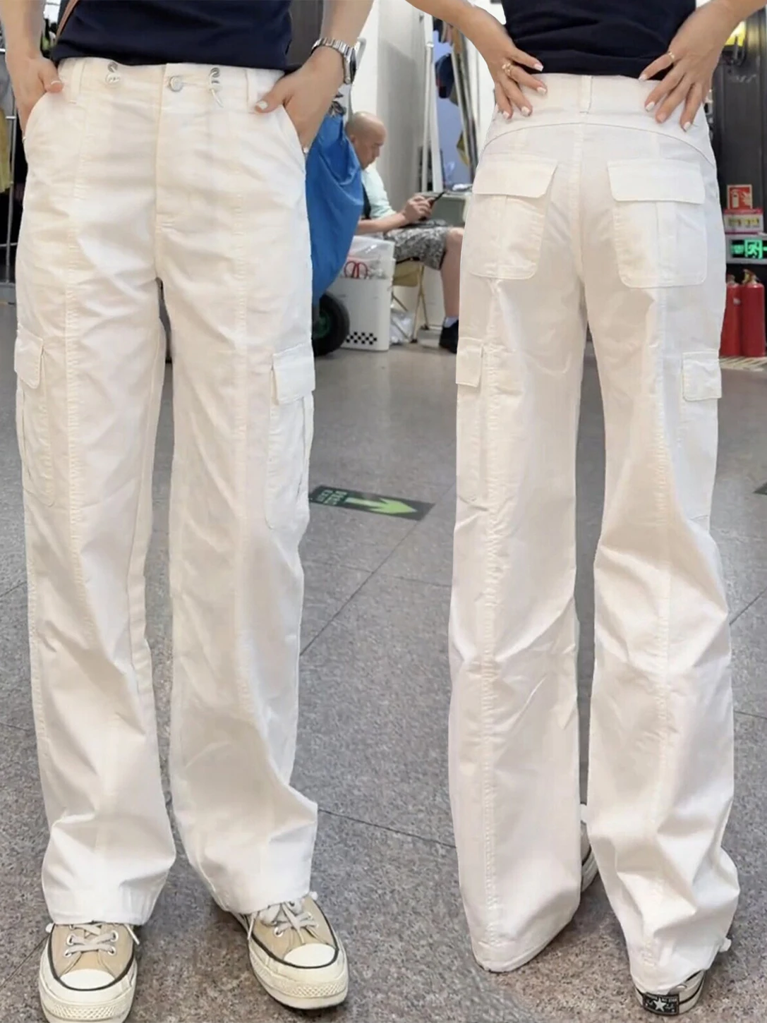 Authentic American Style Casual Straight Leg Pants Multi Pockets Workwear Long Trousers High Waist Cotton Wide Leg Ladies