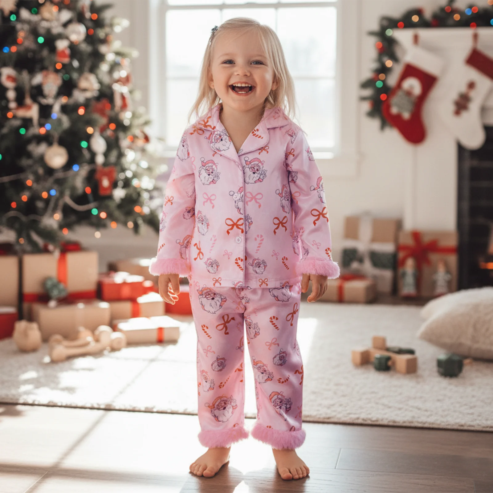 Girls Christmas Pajamas Set Long Sleeve Cookie/Tree Print Fur Cuffs Tops and Pants Set Sleepwear