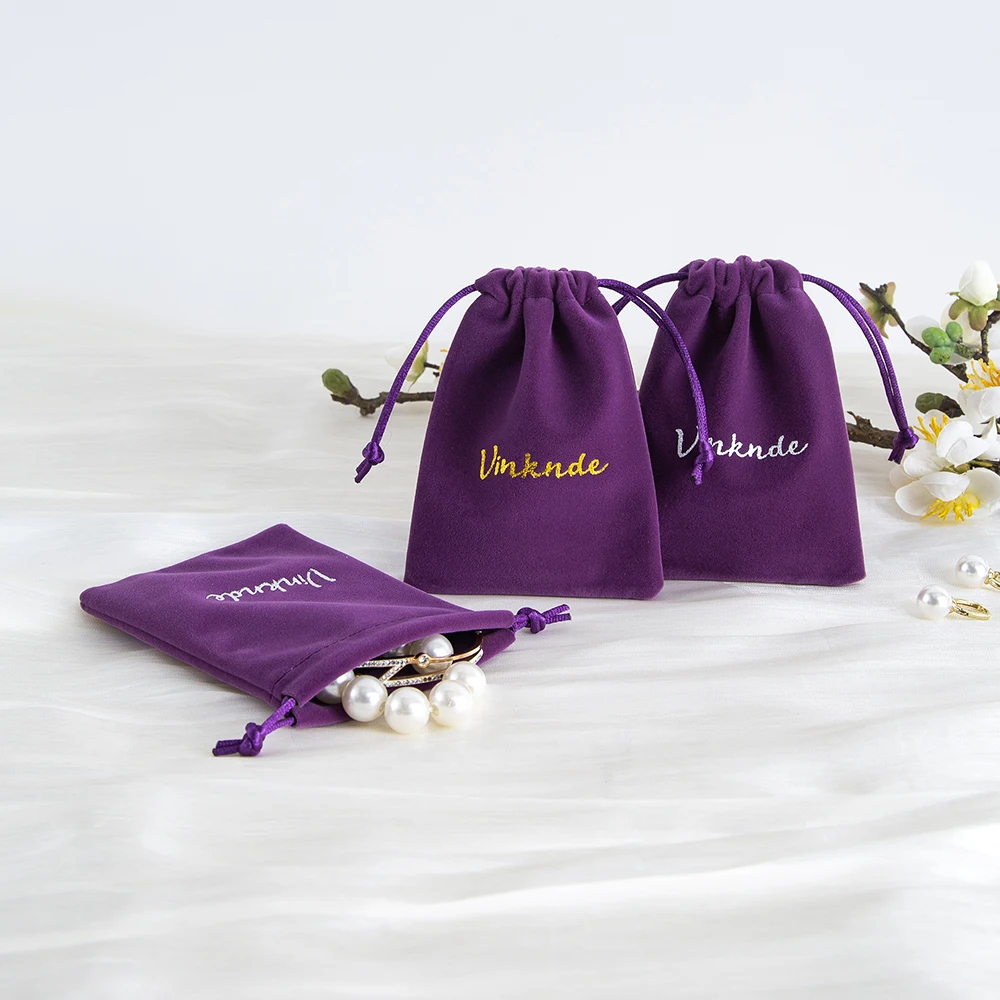 

50pcs 8X10cm Custom Printed Logo Purple Drawstring Velvet Jewelry Bag Gift Pendant Perfume Candle Pouches Jewellery Packaging