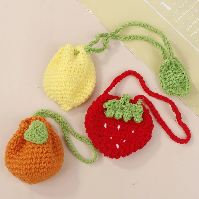 Handmade Wool Knitting Lemon/Strawberry/Orange Coin Purse Crochet Drawstring Bag Cute Fruit Drawstring Crochet Purse Kids Bags