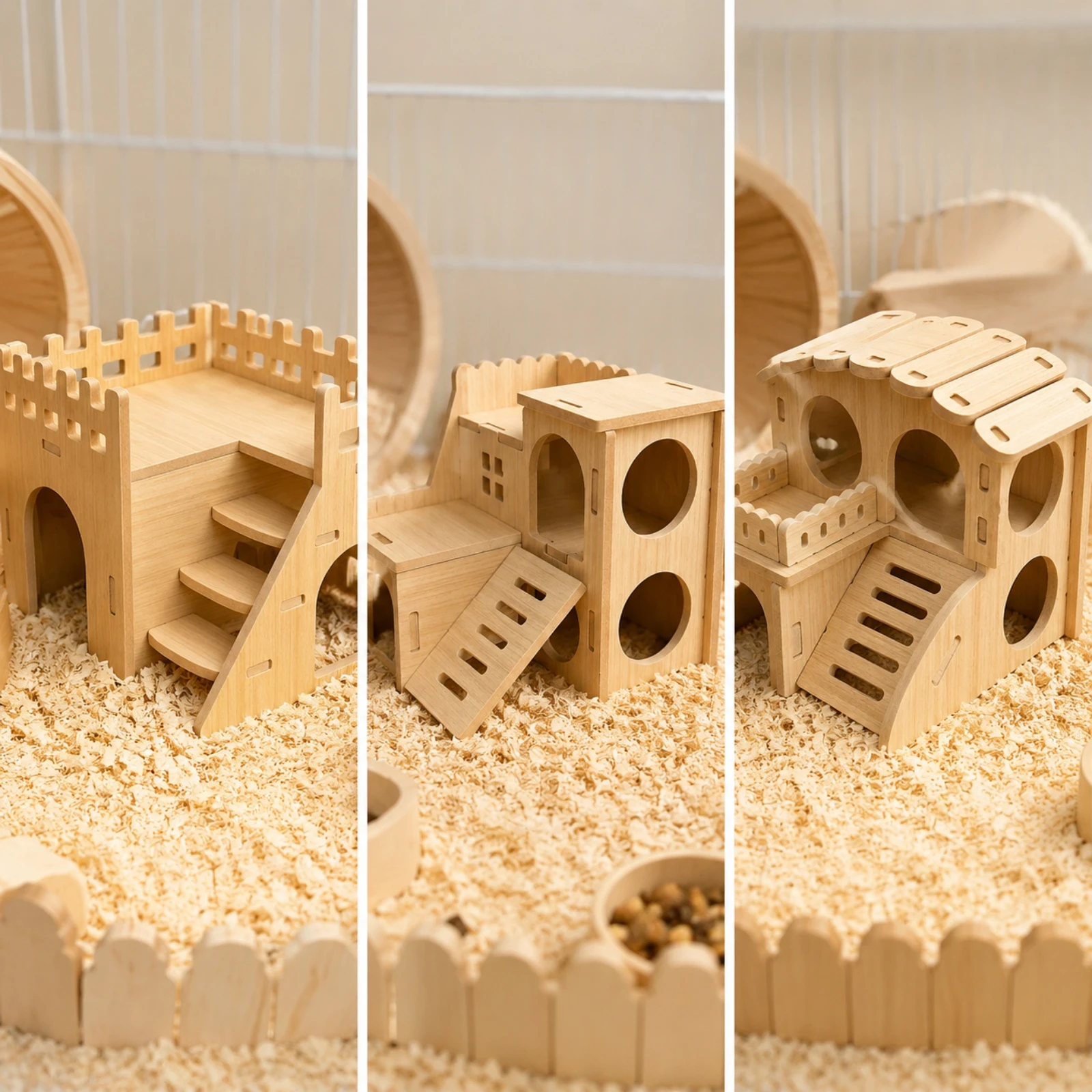 Wooden Hamster Habitat Elevated Hamster Activity Structure with Ramps Pet Toy Interactive Multifunctional