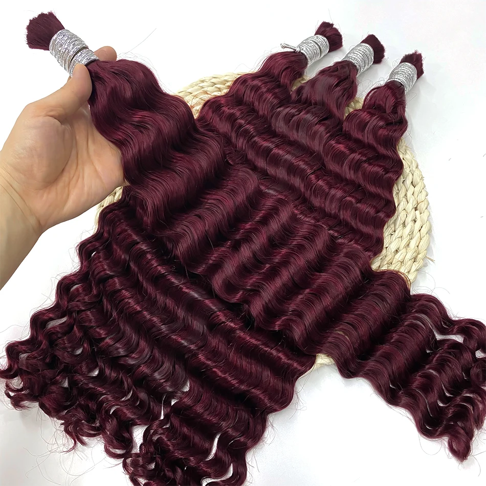 28 pulgadas 99J #   Extensiones de cabello humano de onda profunda Borgoña, extensiones de cabello virgen a granel para trenzas bohemias, ondas de agua, sin trama, paquetes de cabello Natural