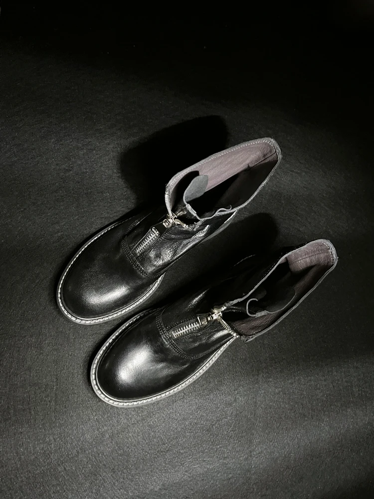 New Autumn Winter Women Design Round Head Zipper Ankle Boots Mid Heel Genuine Leather Boots Solid Color Elegant Fashion Shoes