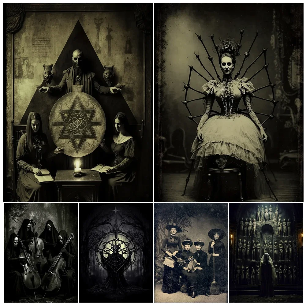 Victorian Witches And Spider Lady Vintage Wall Art Canvas Print Occult Witchcraft And Pagan Wiccan Horror Art Poster Print Decor