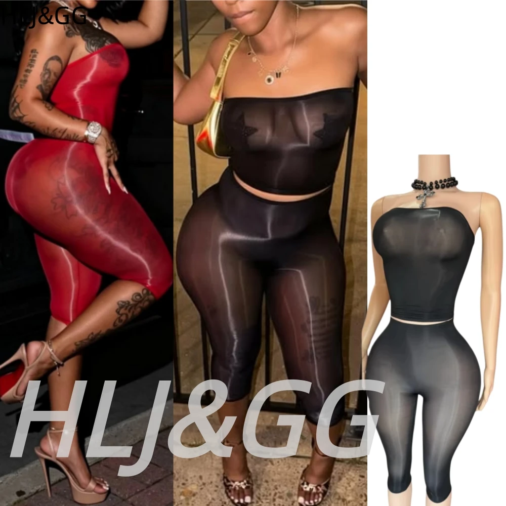 

HLJ&GG Fashion Mesh See Though Shorts Two Piece Sets Women Off Shoulder Sleeveless Crop Top And Shorts Outfits Sexy Streetwear