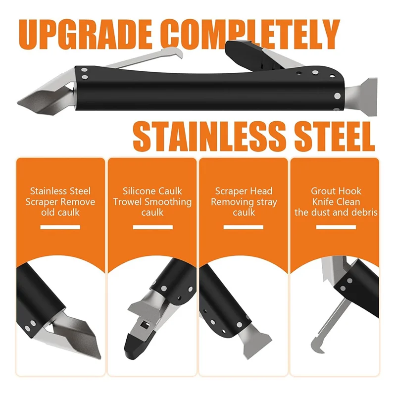 Stainless Steel Caulking Tools Set Kit 4 In 1 Sealant Finishing Tool Kit With 5 Silicone Pads, Grout Removal Tool Caulk Remover-