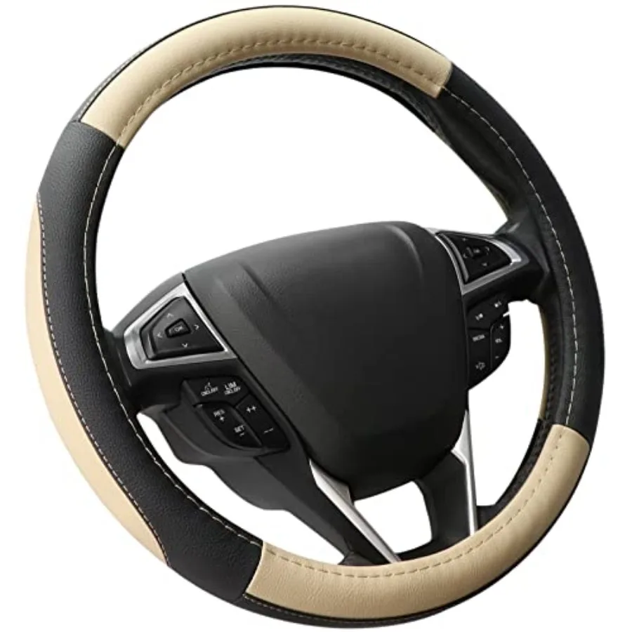 

Car Steering Wheel Cover Universal Standard Size 14.5-15 inch, Black and Beige Microfiber Leather