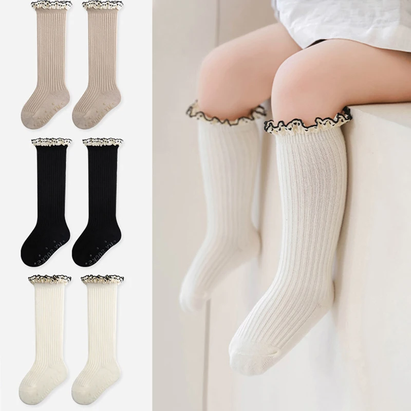 0-7Y Toddlers Girls Frilly Socks Knee High Soft Cotton Baby Floor Socken Long Anti Slip Socks Children Cute Infant Designer Sock