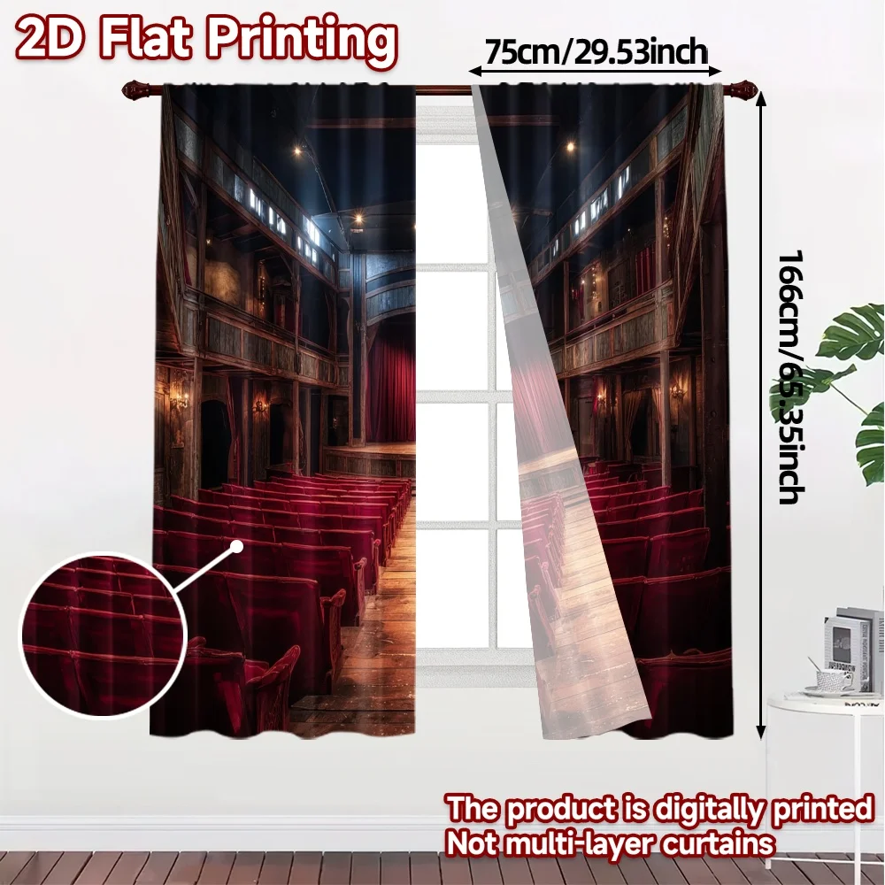 2pcs, 2D FLAT PRINTING Curtains (Without Rod) VintageTheater Light Filtering Modern Curtains Machine Washable Fabric Curtains