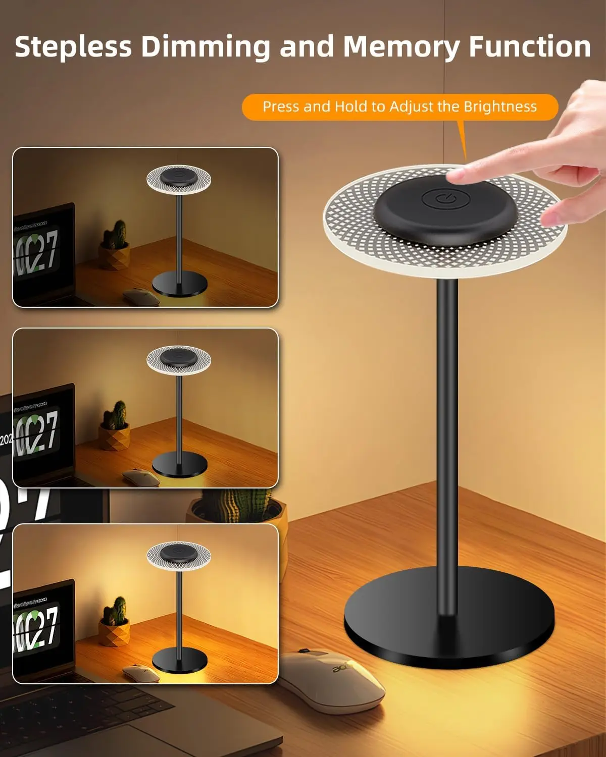 โคมไฟตั้งโต๊ะ LED โคมไฟตั้งโต๊ะไร้สายไฟข้างเตียงสัมผัสหรี่แสงได้ RGBW แสงอุ่น USB-C ชาร์จแบตเตอรี่ 2200mAh IP54 กันน้ำ