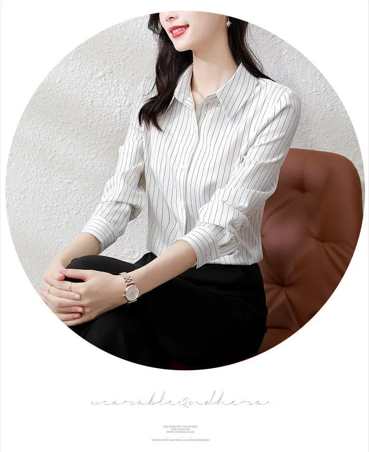 Casual Striped Shirt with Women\'s Design Sense Early Autumn New Korean Version Top Collar Versatile White Long Sleeved Shirt