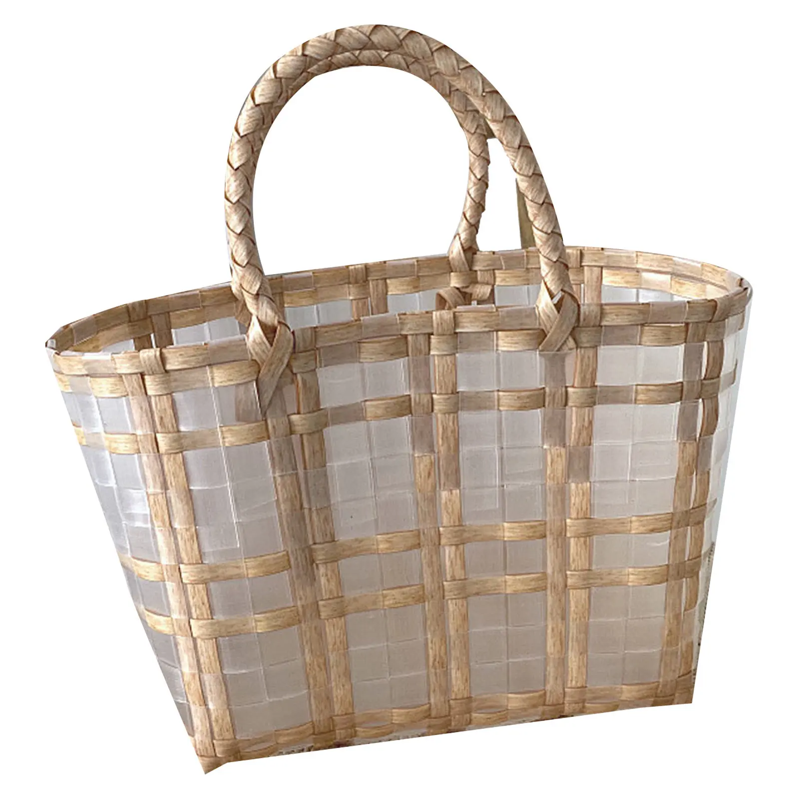 1Pcs Strong Load Bearing Plastic Fruit Basket Woven Storage Container with Handles Lightweight Translucent Design Grocery