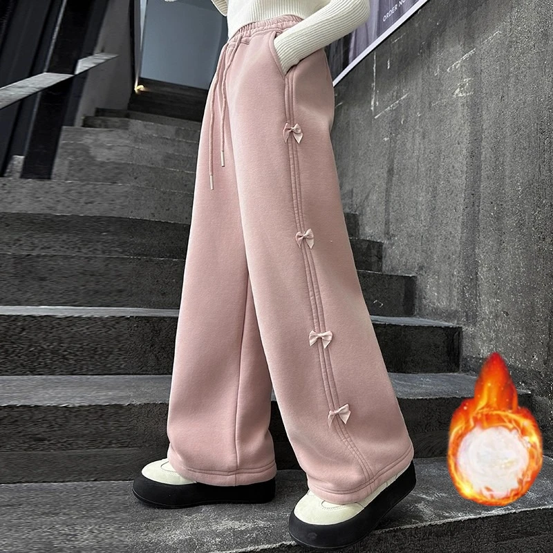 

Girls Fleece Pants Bow Soft Thick Warm Winter Casual Teen School Kids Wide Leg Trousers 10 12 Years Children Casual Lounge Pants