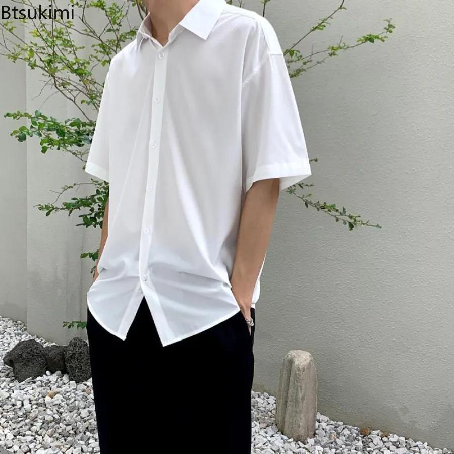 Elegant Men's Shirts Summer Ice Silk Short Sleeve Casual Shirts High Grade Solid All-match Blouses INS Korean Style Men Clothing