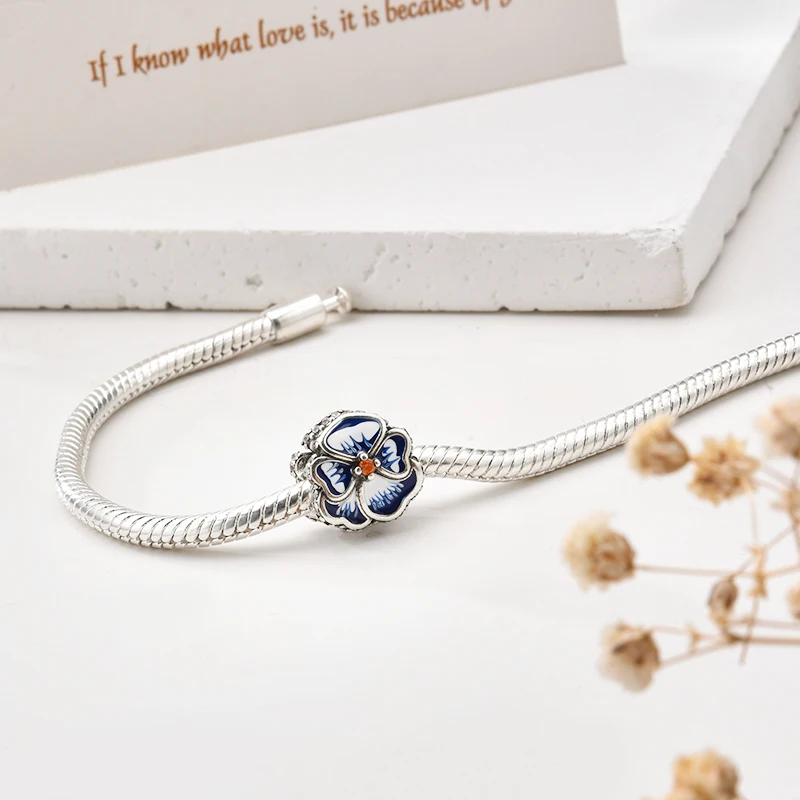 الوردي الأزرق الأرجواني بانسي زهرة سحر الخرزة الاكسسوارات هدية تناسب الأوروبية الأصلية الفضة سوار DIY مجوهرات للنساء