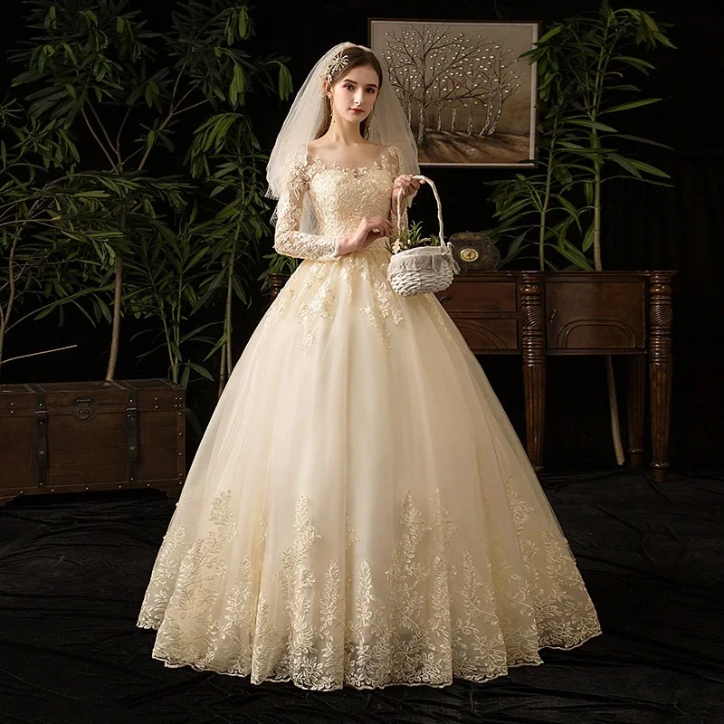 LYG-D50#Champagne Wedding Dress 2026 New Luxury Fashion Lace Long Sleeve Bridal Dress Custom Plus Size Wholesale Retail Ball gow