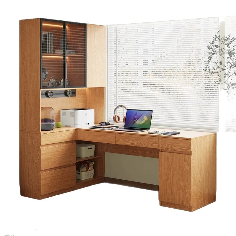 Solid wood oak desk bookcase integrated with glass, study computer desk corner against the wall Children