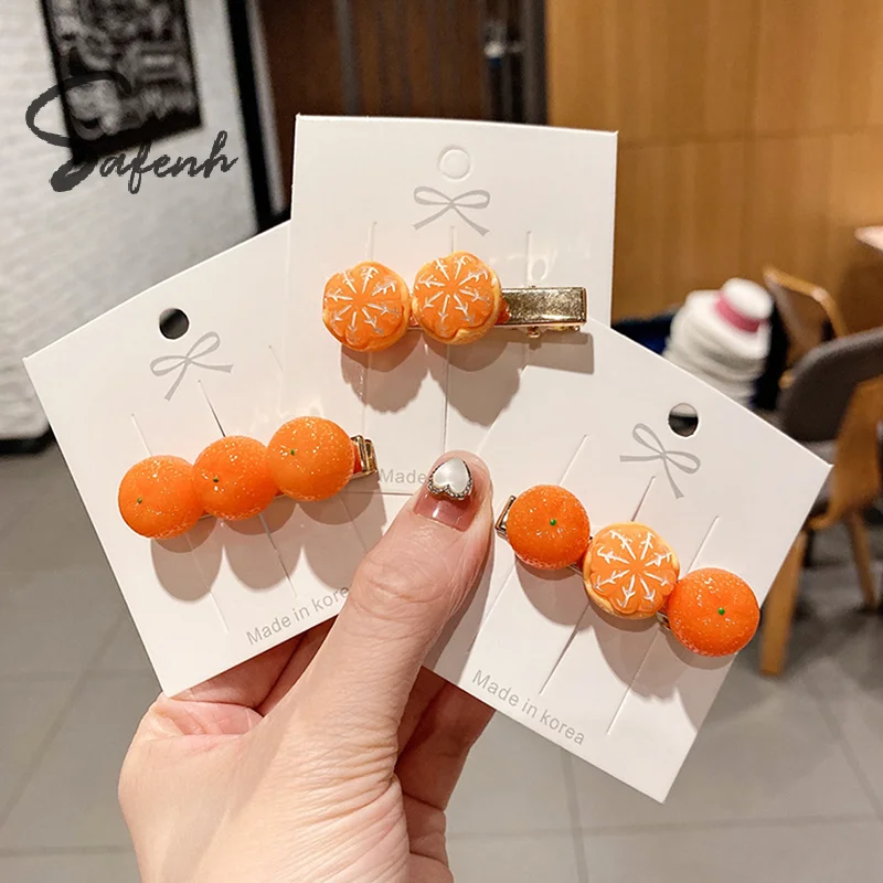 

2Pcs Creative Fun Half-Peeled Orange Hairpin Cute Girl Side Clip Japanese Fruit Word Clip Duckbill Clip Net Red Hair Accessories