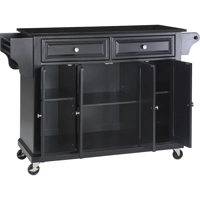 Full Size Granite Top Rolling Kitchen Island Storage Cart, Microwave Stand, Spice Rack, Black