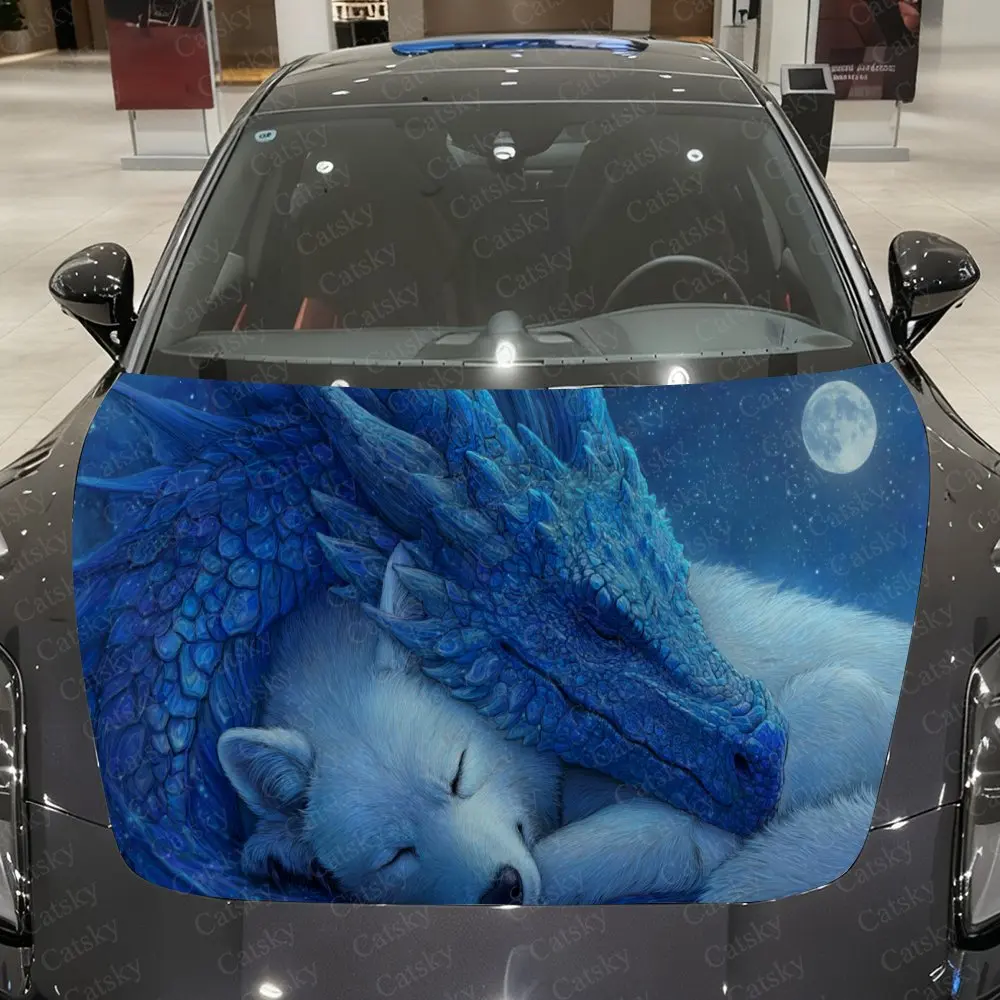 

Blue Dragon & White Wolf PVC Car Hood Wraps, Self-Adhesive Waterproof Car Bonnet Decal Sticker, Car Decoration Protection Sticke