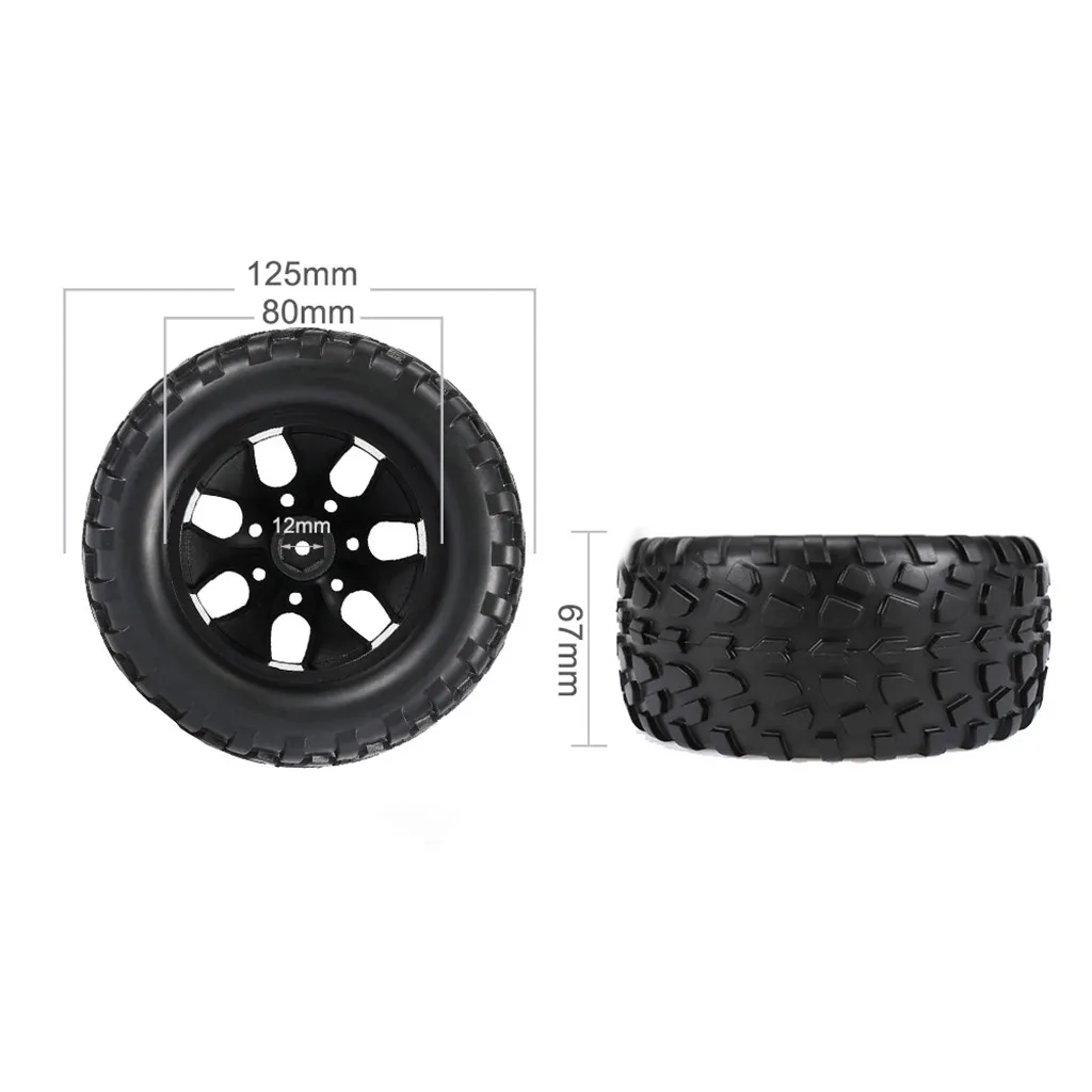 4pcs 125mm Rubber 1/10 RC Monster Truck Tires and Wheel Rims 12mm Hex With Nylon 4mm Lock Nuts For Trxs Himoto HSP HPI Redcat