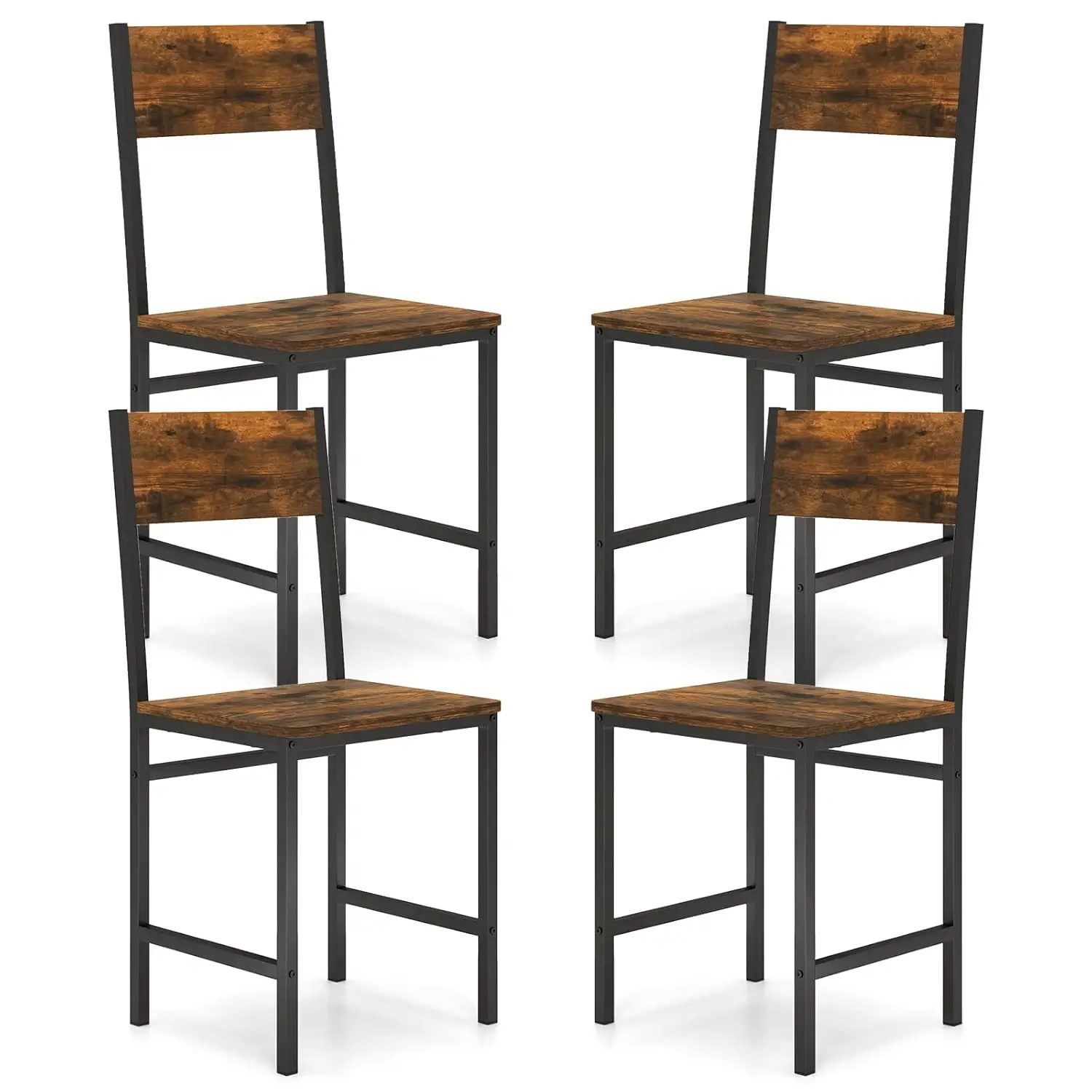 

Набор из 4 обеденных стульев, промышленные кухонные стулья с металлическими ножками, наклонная спинка, текстура дерева в деревенском стиле, безрукая сторона, по индивидуальному заказу
