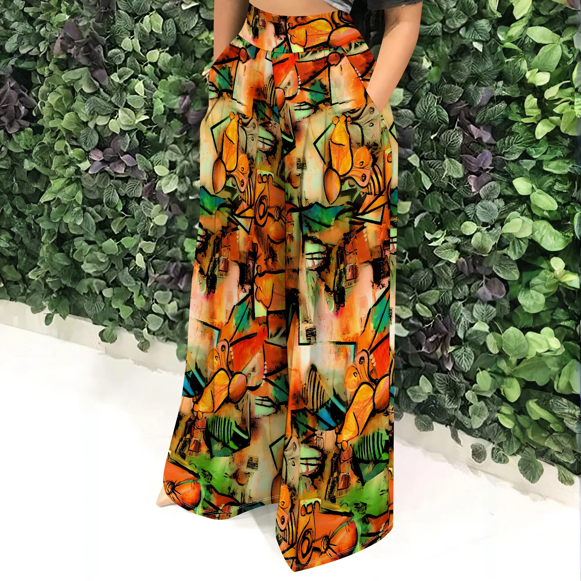 High Waist Wide Leg Pants, Abstract Art Print Trousers, Loose Fit Casual Bottoms with Pockets for Women, S-2XL