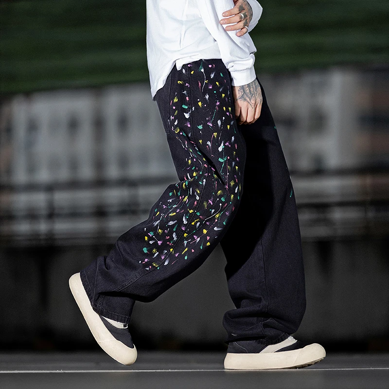 

Fashionable paint graffiti design jeans men Y2K style hip-hop high street loose straight leg wide leg mop pants