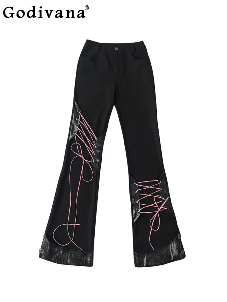 

Lace-up Sweet Cool Black Low Waist Horn Trousers Spring Summer Personalized Girl Versatile Age-reducing Street Splicing Pants