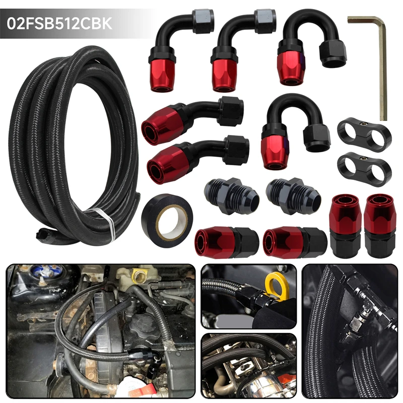 16.4FT 5M AN12 Nylon/ Stainless Steel Braided Oil Fuel Line + AN12 Hose End Fitting Kit Universal Black/Silver