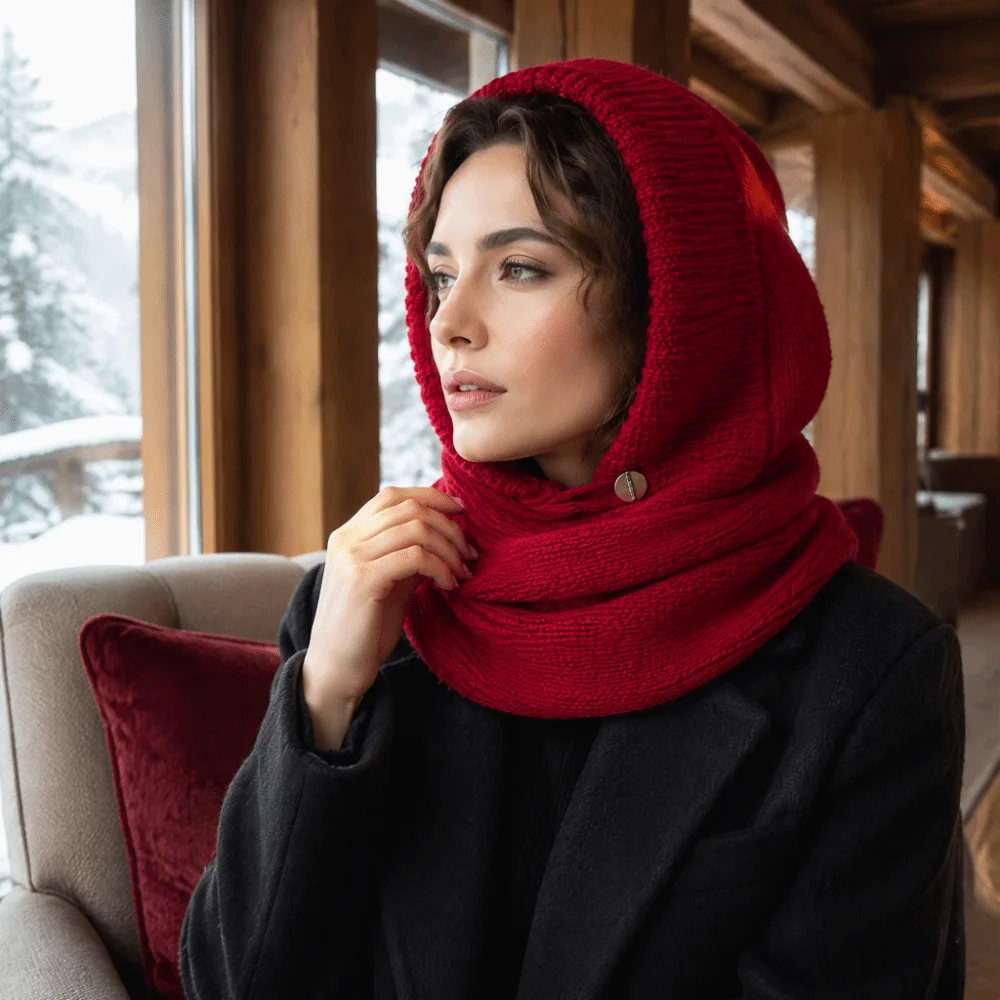Fashion Wool Blend Knitted Balaclava Hat Beanie Solid Color Hat and Scarf 2-in-1 Thickened Warm Cross Hooded Cap Outdoor