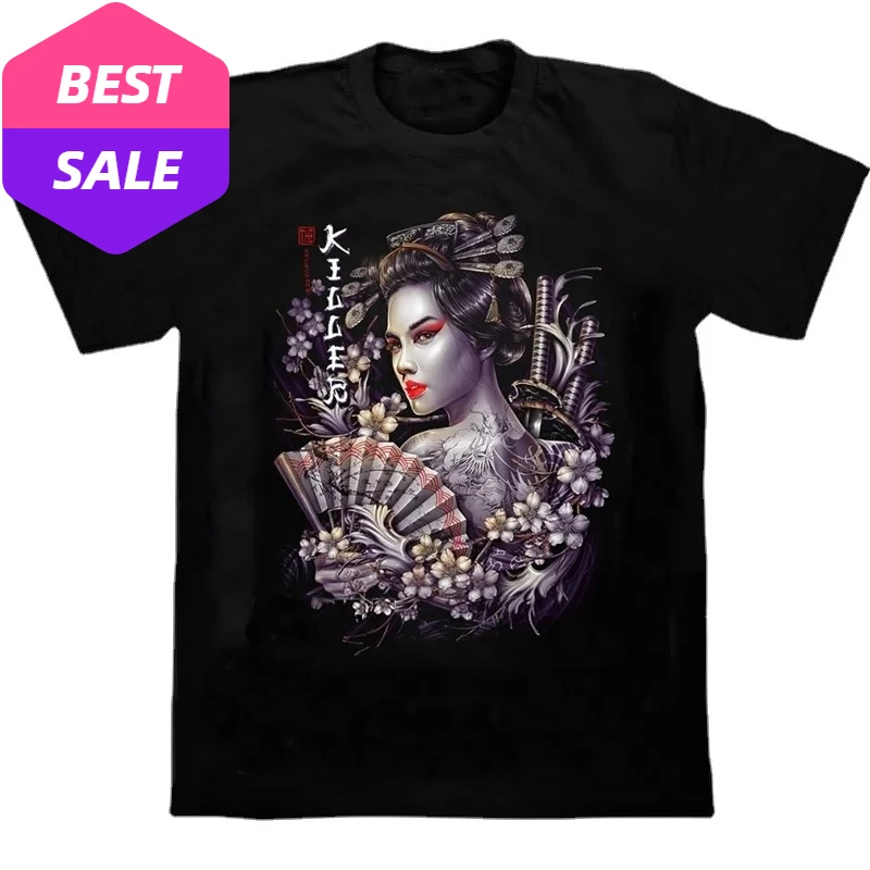 Japanese Harajuku Style Beauty Geisha Samurai Sword Cherry Blossom T-Shirt Cotton Round Neck Short Sleeve T Shirt Double Sided